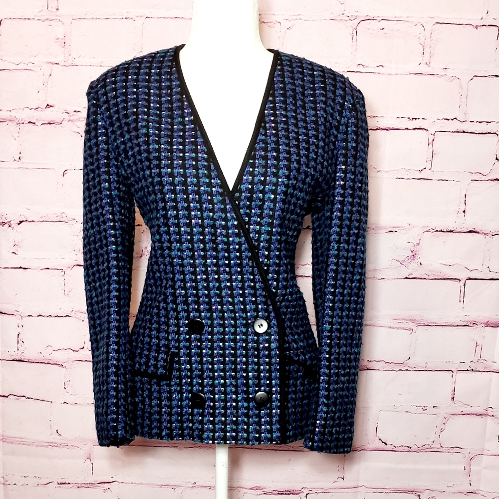 Womens Blue Patterned Double-Breasted Blazer Jacket